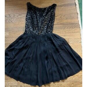 Vintage 1960s Black Sequined Party Prom Dress By Pixie Calif. Fit Flare Coctail